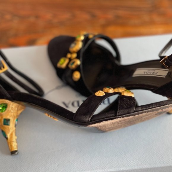 PRADA Black Suede Ankle Strap Sandals Metal Sculptural Gold Heel with Emeralds - Picture 13 of 16